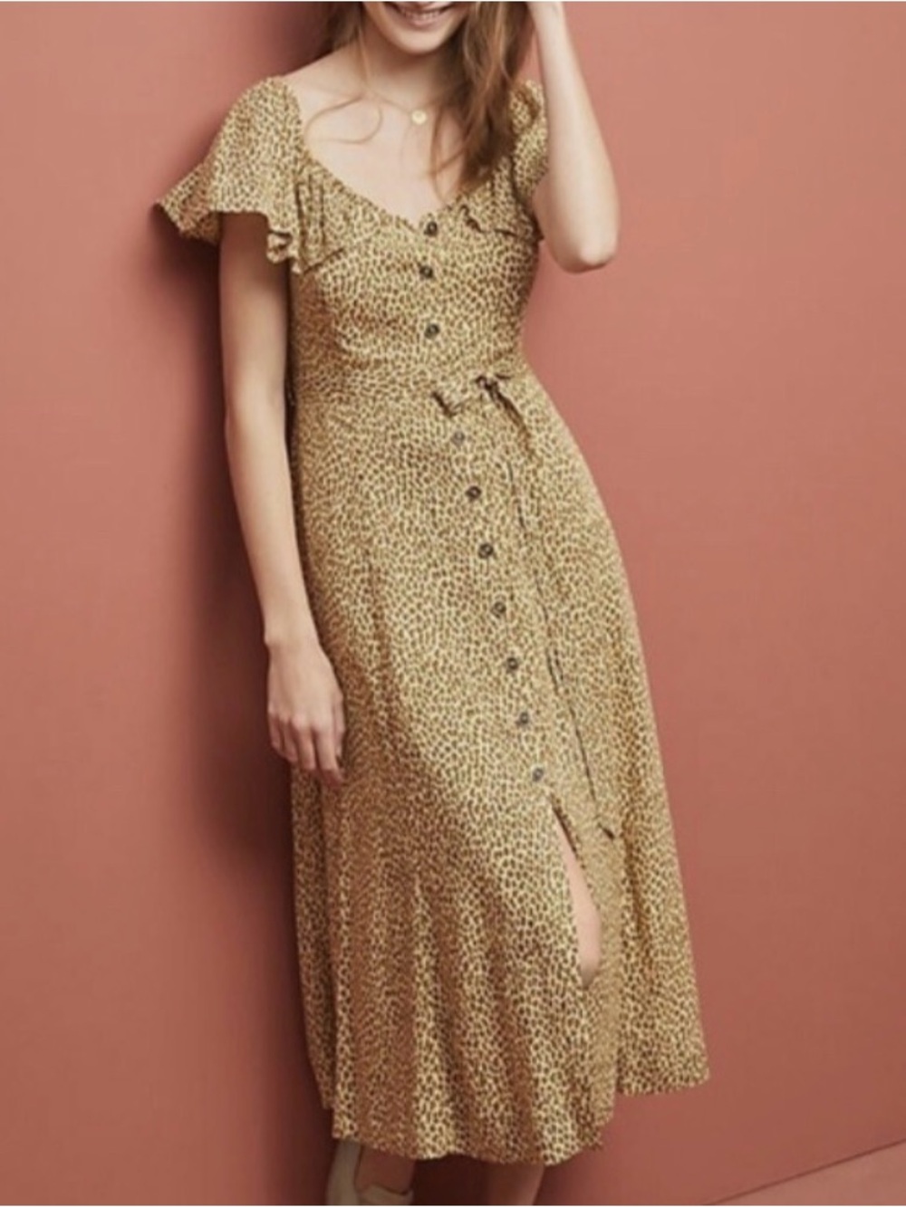 Crescent Off-the-shoulder, Button-Front Midi Dress in Beige and Black Leopard